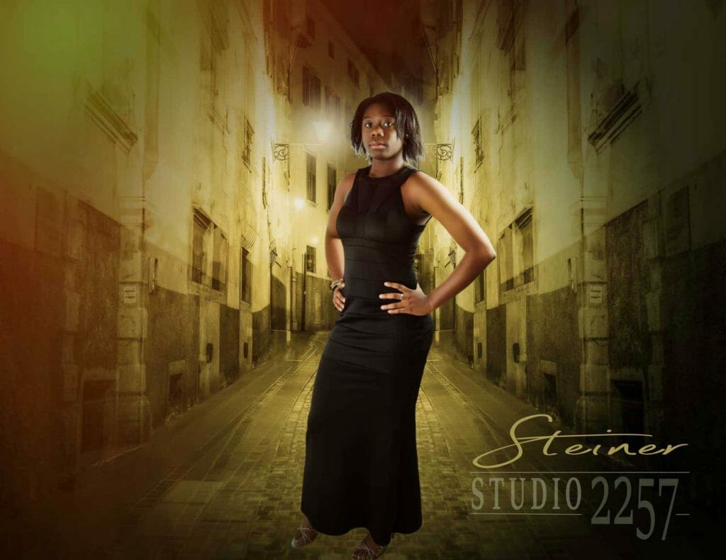 senior portrait photography female formal blk dress in paris street studio2257 mesa arizona