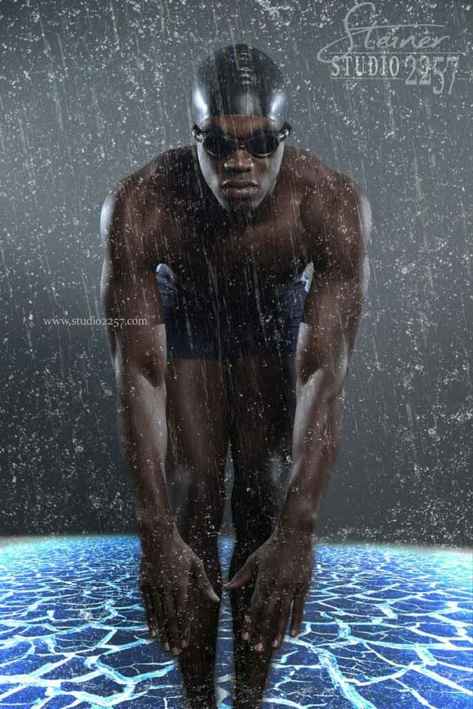 swimmer with goggles in rain